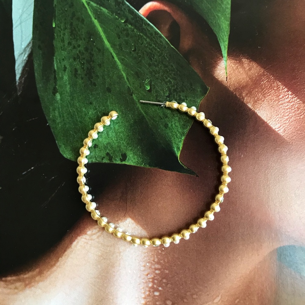 Gold Hoop with Crystals Glass Pearl Earrings - Picture 5 of 16